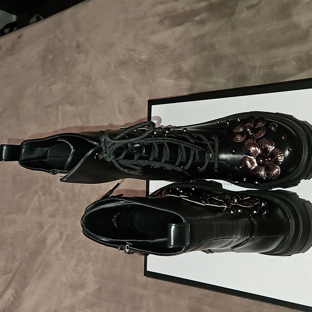 Floral Embellished Black Combat Boots